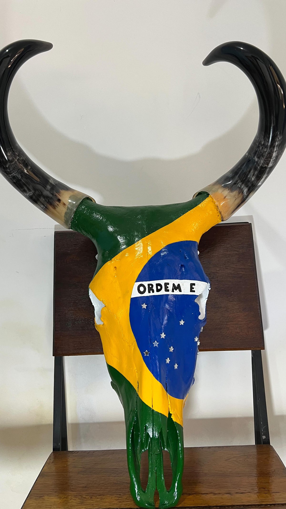 Crânio Real Bovino com Bandeira do Brasil – Estilo Rústico Autêntico