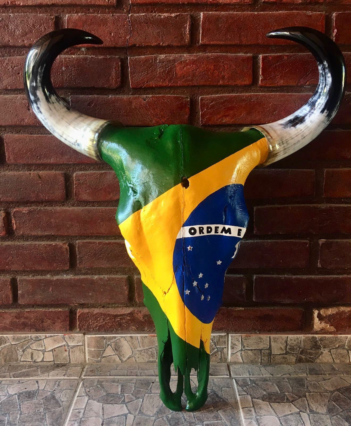 Crânio Real Bovino com Bandeira do Brasil – Estilo Rústico Autêntico